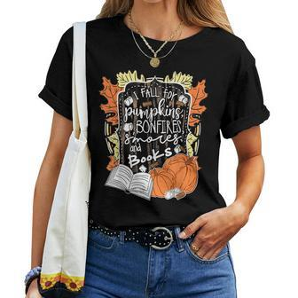 I Fall For Pumpkins Bonfires S'mores Books Halloween Reader Halloween Women T-shirt | Mazezy