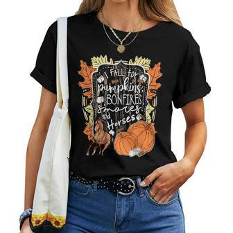 I Fall For Pumpkins Bonfires S'mores And Horses Halloween Halloween Women T-shirt | Mazezy