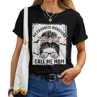 My Favorite Monsters Call Me Mom Messy Bun Mom Halloween Women T-shirt - Seseable