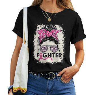Fighter Messy Bun Pink Warrior Breast Cancer Awareness Women T-shirt | Mazezy