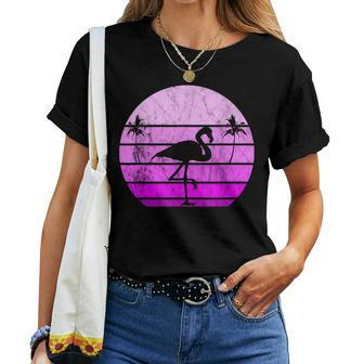 Flamingo Bird Retro Vintage Sunset Exotic Animal Palm Tree Women T-shirt | Mazezy