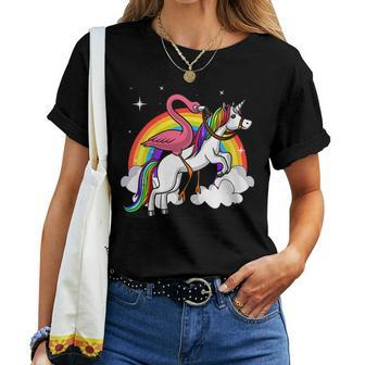 Flamingo Bird Riding Unicorn Magical Rainbow Kids Girls Women T-shirt | Mazezy