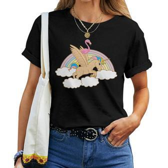 Flamingo Bird Riding Unicorn Magical Rainbow Women T-shirt | Mazezy