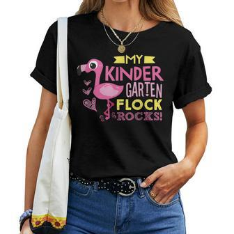 Flamingo My Kindergarten Flock Rocks Teacher Women T-shirt | Mazezy