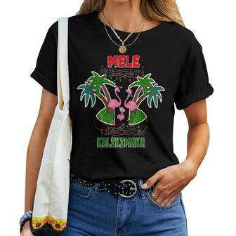 Flamingo Mele Kalikimaka Hawaiian Tropical Christmas Palm Women T-shirt | Mazezy