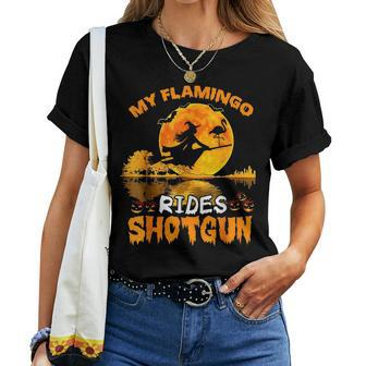 My Flamingo Rides Shotgun Witch Fly Broomstick Bat Halloween Women T-shirt | Mazezy