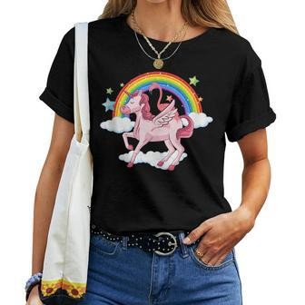 Flamingo Riding A Magical Unicorn With A Rainbow Women T-shirt | Mazezy