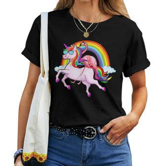 Flamingo Riding A Rainbow Unicorn Women T-shirt | Mazezy