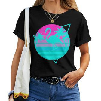 Flamingo In A Vintage 80S Beach With Palms Vaporwave Style Women T-shirt | Mazezy