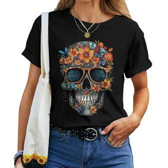 Floral Mexican Skull Day Of The Dead Dia De Muertos Women T-shirt - Seseable