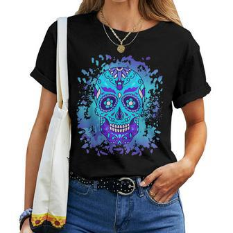 Floral Sugar Skull Day Of Death Dia De Los Muertos Women T-shirt - Monsterry