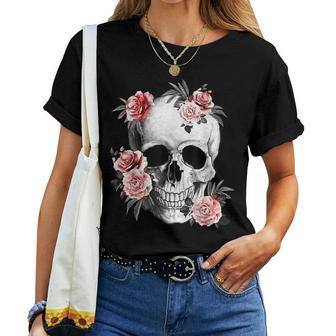 Floral Sugar Skull Rose Flowers Mycologist Gothic Goth Women T-shirt - Monsterry CA