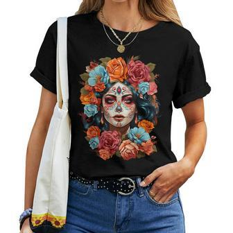 Flower Sugar Skull Girl Halloween Day Of Dead Women T-shirt - Thegiftio UK