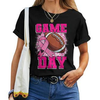 Football Game Day Pink Ribbon Breast Cancer Awareness Mom Women T-shirt - Seseable