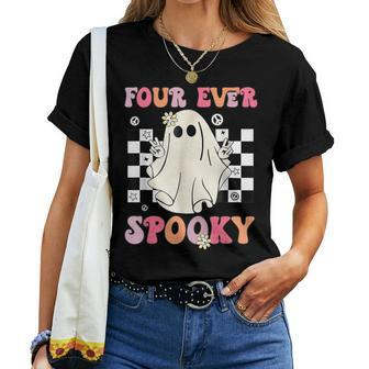 Four Ever Spooky Floral Ghost Halloween 4Th Birthday Party Women T-shirt - Seseable