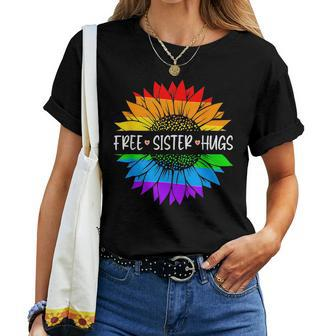 Free Sister Hugs Rainbow Sunflower Lgbt Gay Pride Month Women T-shirt | Mazezy