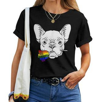 French Bulldog Gay Pride Rose Lgbt-Q Rainbow Frenchie Dog Women T-shirt | Mazezy