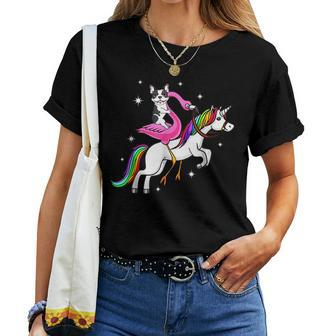 Frenchie French Bulldog Riding Flamingo Unicorn Lover Women T-shirt | Mazezy