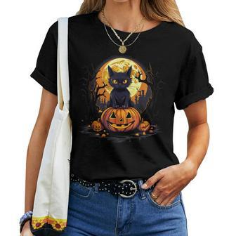 Full Moon Halloween Scary Black Cat Costume Pumpkins Women T-shirt - Seseable