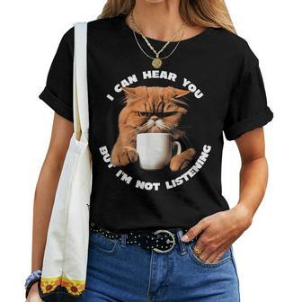 Funny Cat I Can Hear You But Im Not Listening Coffee Gifts Women T-shirt Short Sleeve Graphic - Monsterry CA