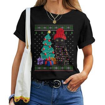 Cat Lovers Black Cat Santa Hat Ugly Christmas Sweater Women T-shirt - Monsterry UK