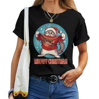Cat In Ugly Sweater Meowy Christmas Pajama Women T-shirt - Seseable