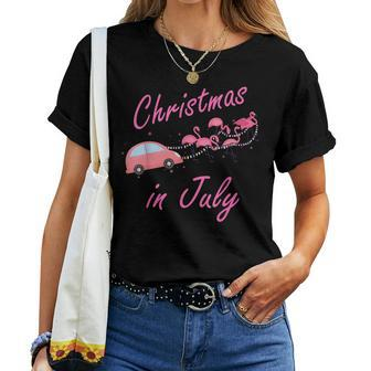 Funny Cute Flamingo Pink Camping Car Christmas In July Women T-shirt - Seseable