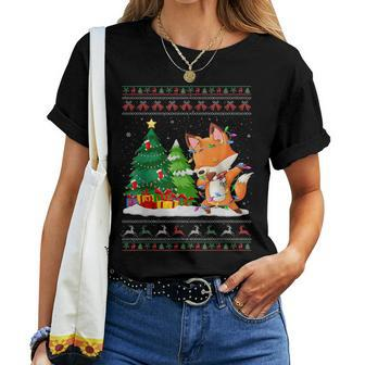 Dabbing Fox Lovers Santa Hat Ugly Christmas Sweater Women T-shirt - Seseable