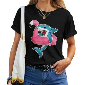 Funny Flamingo Float Summer Shark Floating Women T-shirt Short Sleeve Graphic - Monsterry UK