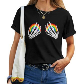 Funny Gay Les Pride Rainbow Boobs Skeleton Hand Lgbt Gay Women T-shirt - Seseable