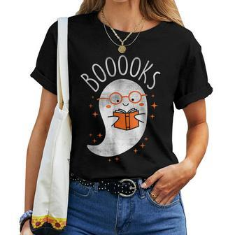 Halloween Cute Ghost Book Reading School Teacher Women T-shirt | Mazezy