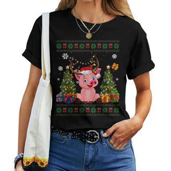 Pig Lovers Cute Pig Santa Hat Ugly Christmas Sweater Women T-shirt | Mazezy