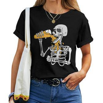 Skeleton Loves Drinking Beer Oktoberfest Halloween Women T-shirt - Monsterry