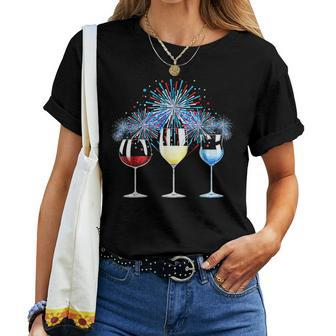Funny Wine Glass Red White Blue Firework Happy 4Th Of July Women Crewneck Short T-shirt