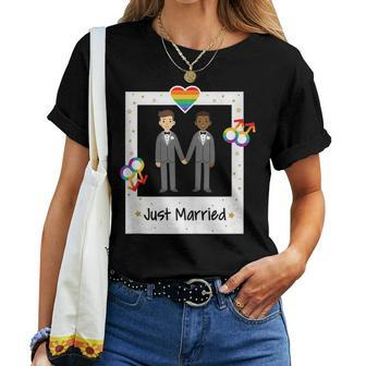 Gay Couple Just Married Rainbow Lgbt Wedding Men Husband Women T-shirt | Mazezy