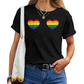 Gay Les Pride Rainbow Heart Bra Boobs Lgbt Pride Month Idea Women T-shirt Crewneck | Mazezy