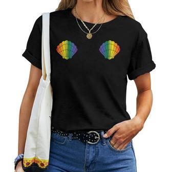 Gay Mermaid Seashell Bra Rainbow Pride Flag Lgbtq Equality Women T-shirt Crewneck | Mazezy