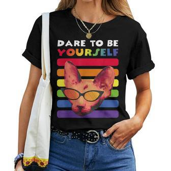Gay Pride Dare To Be Yourself Rainbow Lgbt Vintage Retro Cat Women T-shirt | Mazezy