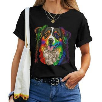 Gay Pride Dog Lgbt Rainbow Flag On Australian Shepherd Lgbtq Women T-shirt Crewneck | Mazezy