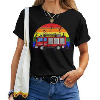 Gay Pride Firetruck Lgbt-Q Rainbow Flag Firefighter Fireman Women T-shirt | Mazezy