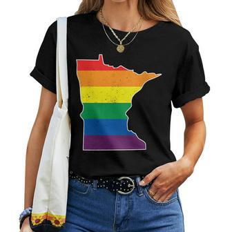 Gay Pride Flag - Minnesota State Map - Rainbow Stripes Women T-shirt | Mazezy