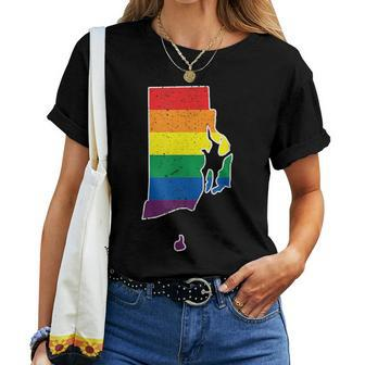 Gay Pride Flag - Rhode Island State Map - Rainbow Stripes Women T-shirt | Mazezy