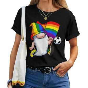 Gay Soccer Player Lgbt-Q Cute Gnome Rainbow Flag Pride Ally Women T-shirt | Mazezy