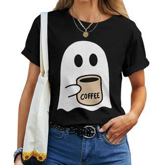 Ghost Drinking Coffee Funny Halloween Costume Coffee Lover Women T-shirt Short Sleeve Graphic - Thegiftio UK