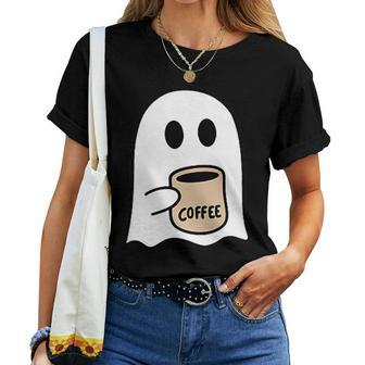Ghost Drinking Coffee Funny Halloween Costume Coffee Lover Women T-shirt - Seseable