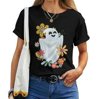 Ghost Groovy Retro Vintage Cute Floral Halloween Graphic Halloween Women T-shirt | Mazezy UK