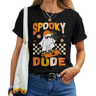 Ghost Skateboard Spooky Dude Groovy Halloween Boo Boys Women T-shirt - Monsterry DE