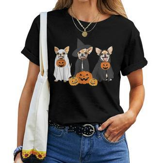Ghost And Witch Chihuahua Halloween Dog Ghost Pumpkin Women T-shirt - Monsterry