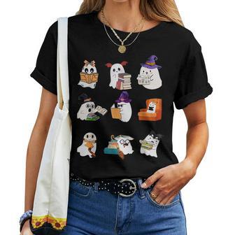 Ghosts Reading Books Teacher Halloween Librarian Cute Boooks Women T-shirt - Monsterry