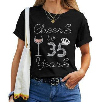 Girl Queen Drink Wine Cheers To 35 Years Old Happy Birthday Women T-shirt - Seseable